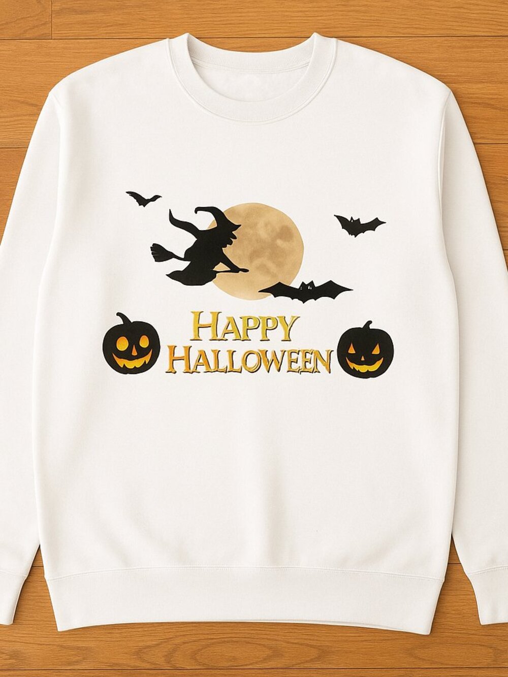 Happy Halloween Witch Moon Bats Pumpkin Sweatshirt White Crewneck Spooky Unisex